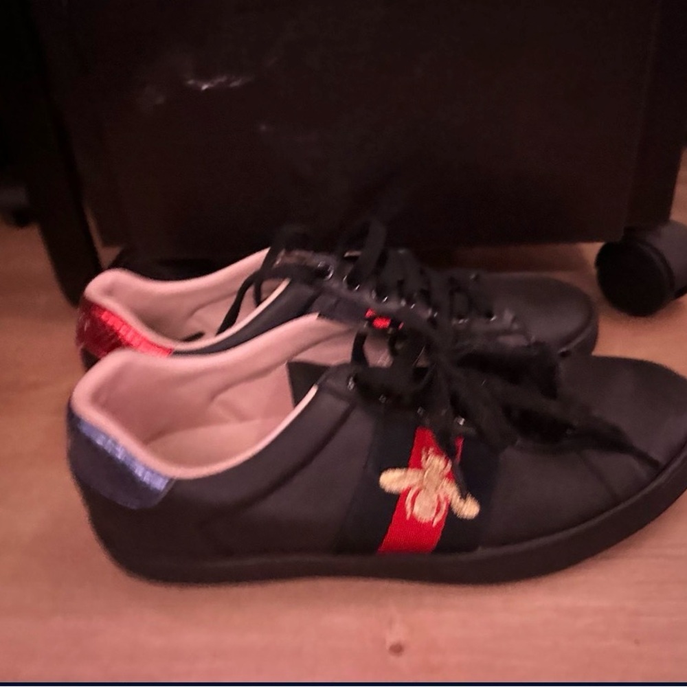 Black Gucci Sneakers with Red and Blue Accents